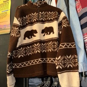 Old Navy Brown Fair Isle Oversized Patterned Sherpa 1/4 Zip Fleece Sweatshirt M